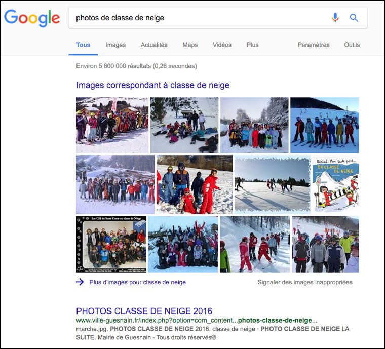 En tapant "photos de classe de neige" dans google, on peut s'apercevoir qu'un grand nombre de photos sont publiées de façon publique...
